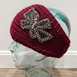 Vintage Burgundy Handknit Headband Bow Rhinestone Button Closure Ear Muffs OS